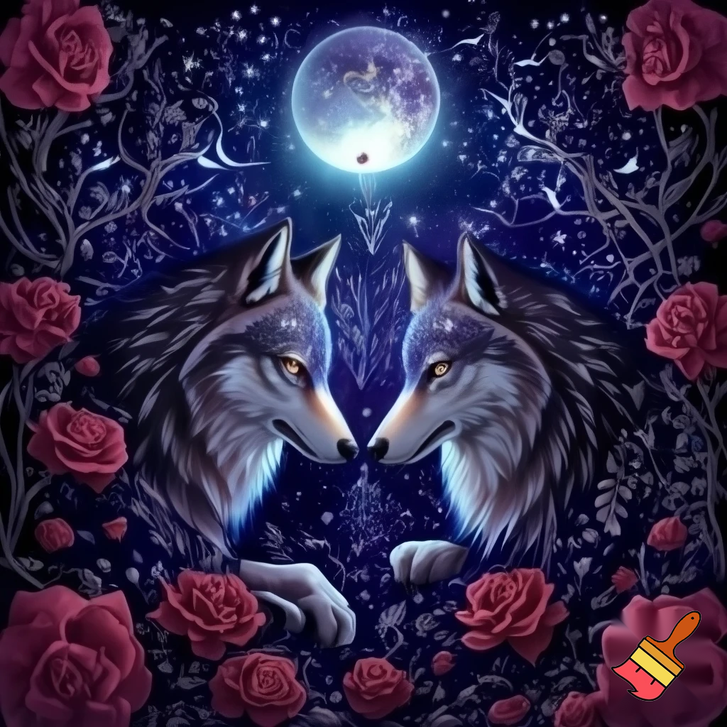 Mystical illustration for a 50x60 inch blanket, featuring two wolves facing each other under a glowing full moon, surrounded by roses, vines, stars, and celestial symbols; filling the entire space to the edges. No borders or frames.