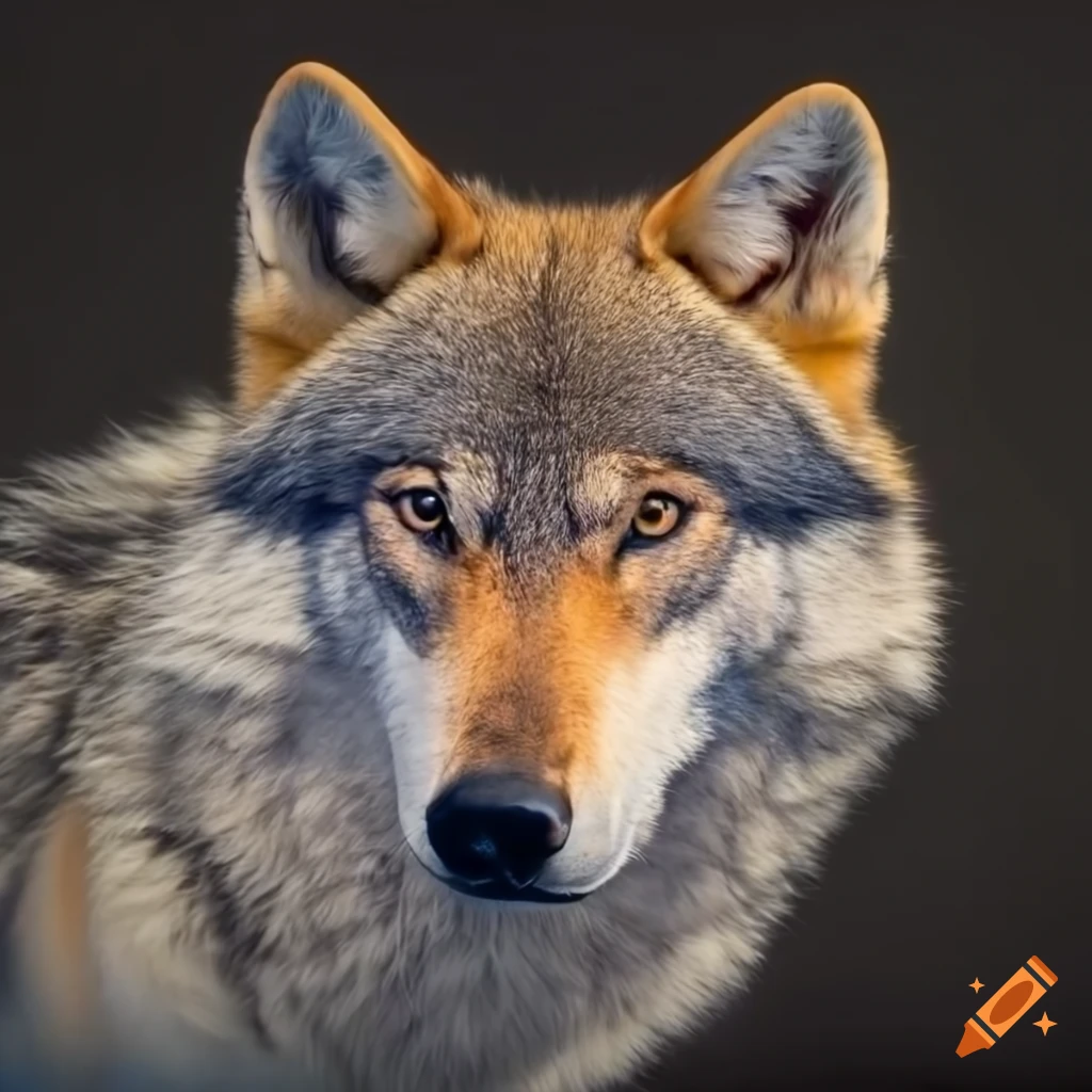 Wolf in strong dramatic lighting, with a human face, studio photography, high definition, 8k, joel sartore national geographic
