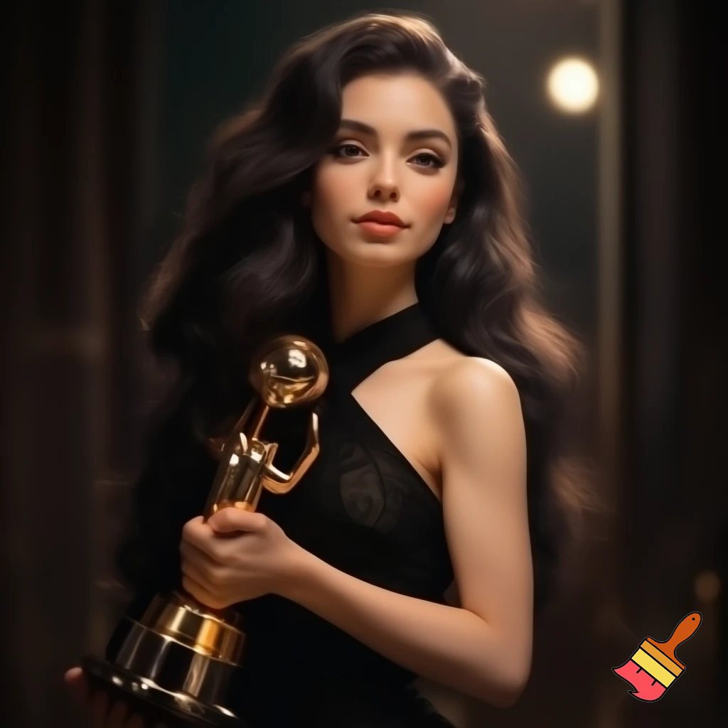 “A woman with long wavy dark hair, strong eyebrows, and a calm expression, wearing a black dress, holding a trophy.” realistically