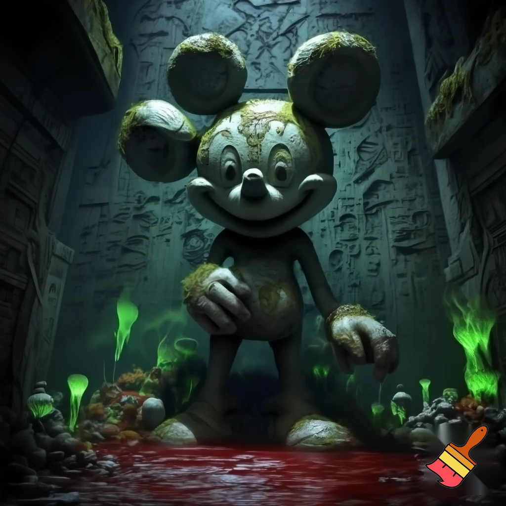 Ancient stone idol of Mickey Mouse with blood sacrifice