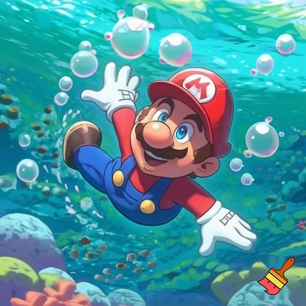 mario going for a swim, cartoon art style.