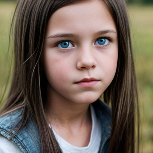 A girl with long brown hair blue eyes that looks kinda like storm boy about 10 years old 