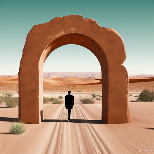 Put abstract figures in an arch in a desert landscape in Tanguy style