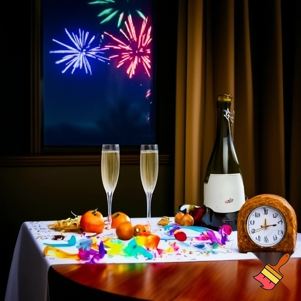 on the table a white tablecloth, two glasses of champagne, a bottle, hanging colorful paper streamers, confetti, snacks and fruit, next to it there is an old clock with numbers on the clock face, midnight hour, in the background there is a window with curtain and fireworks outside the window