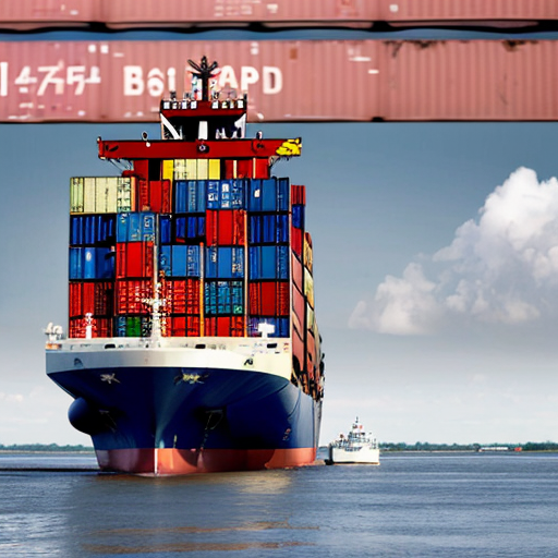 Create a realistic image of a container ship entering mobile bay. On each container is a rebel flag graphic from the civil war era.