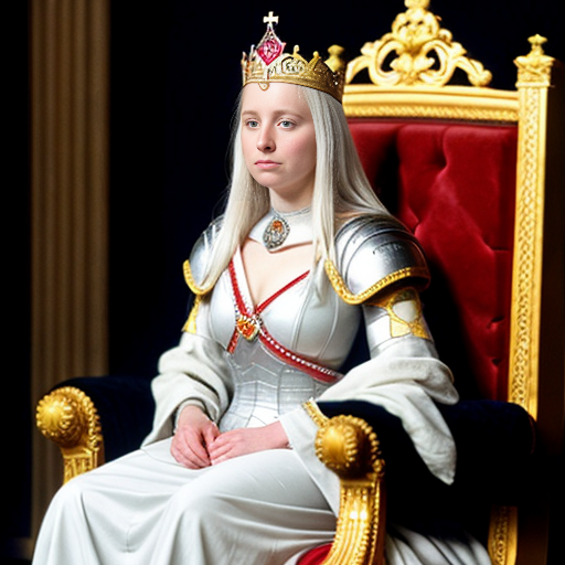 Tall, white-haired Queen of Poland in armor sitting on a throne