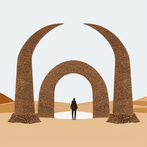 Paint the stones of a desert arch with multiple abstract figures in Tanguy and Matisse style