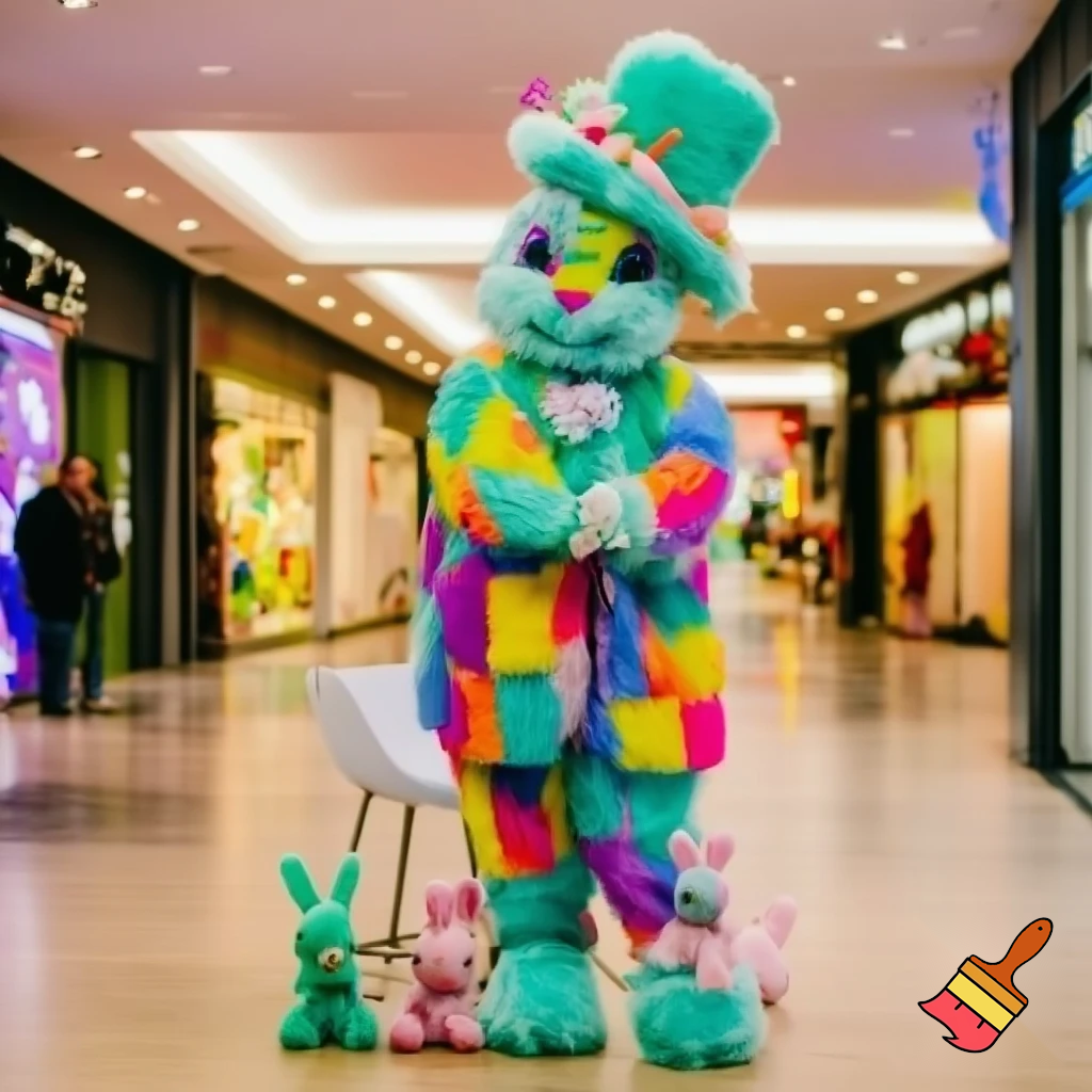 Easter bunny mascot costume top hat shopping Centre colourful jacket  colourful top hat Easter bunnies chair in the shopping centre