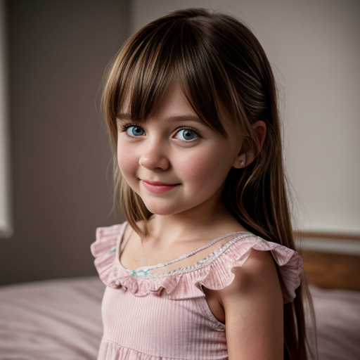 finnish little girl at night dress, very beautiful and eager, long brunette hair, on the bedroom, brown eyes, close up
