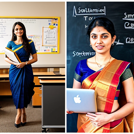 I A confident professional woman representing career growth and transformation. On the left side, she is shown as a teacher in a classroom, wearing a modest formal saree or professional attire, holding a book, standing near a blackboard with students’ desks in the background. On the right side, the same woman is now an Operations Officer, dressed in smart corporate office wear, standing in a modern office environment with a laptop, files, and business charts visible. The two scenes blend smoothly, symbolizing a successful career transition. Soft professional lighting, realistic style, high resolution, empowering and inspiring mood.
