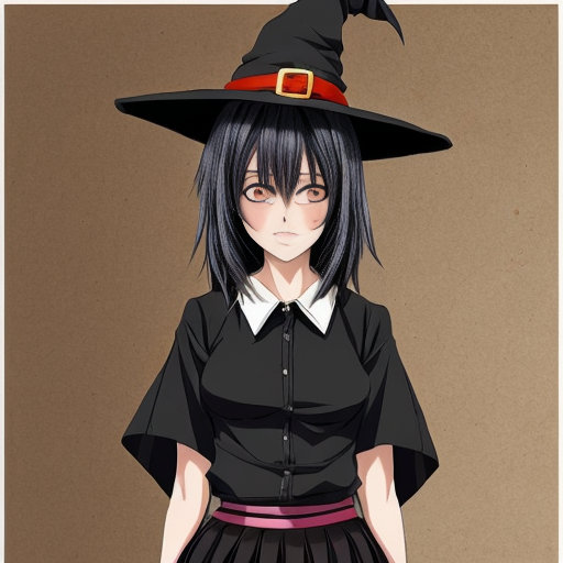 An anime witch girl with black hair, cute face, black eye. She have been abused until she only have broken skirt left. She is naked. She is 16 year old and height is 1,5m. She is tried to cover her skirt. The background is village with a lot of peopla