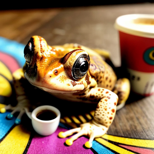 A hillarious, funny boho toad with some hippie colored coffee cups. Psychedelic decorated background, hyperrealistic. Close-up view.