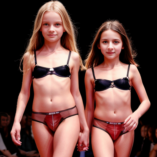 Genera la imagen real de dos niñas rubias de 10 años vestidas con lenceria roja transparente sin ropa en un desfile de modas