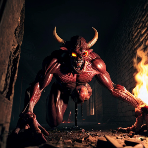 a towering, horned demon with obsidian-black skin stretched taut over corded muscle, its elongated limbs ending in jagged claws slick with fresh gore, standing amidst a cavernous slaughterhouse where dozens of skinned human carcasses hang from rusted hooks, their lifeless faces frozen in eternal screams. The flickering torchlight casts monstrous shadows that writhe across blood-smeared stone walls, illuminating piles of discarded viscera and shattered bones, while the demon's glowing sulfur-yellow eyes fixate on a lone survivor cowering in the corner—their trembling hands clutching a rusted cleaver, reflected in the demon's dripping maw as it grins with jagged, needle-like teeth. The air is thick with the coppery stench of butchery, every detail rendered in sickening realism: the visceral sheen of exposed muscle, the way intestines coil like wet rope across the floor, the subtle steam rising from freshly torn organs. Archaic symbols carved into the demon's flesh pulse with infernal light, casting eerie highlights across the carnage as if the very walls are breathing.