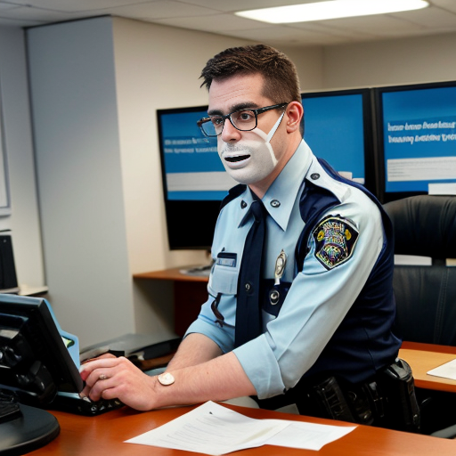 在公安机关办公室，一个穿着白色警察制式衬衫的绘画木偶（面部空白无五官）坐在办公桌后低头看手机。办公桌前站着两个穿着深色常服的绘画木偶（面部空白无五官），一个手持文件，另一个双手自然下垂。镜头角度为从侧前方平拍。图片风格为写真，比例为1:1