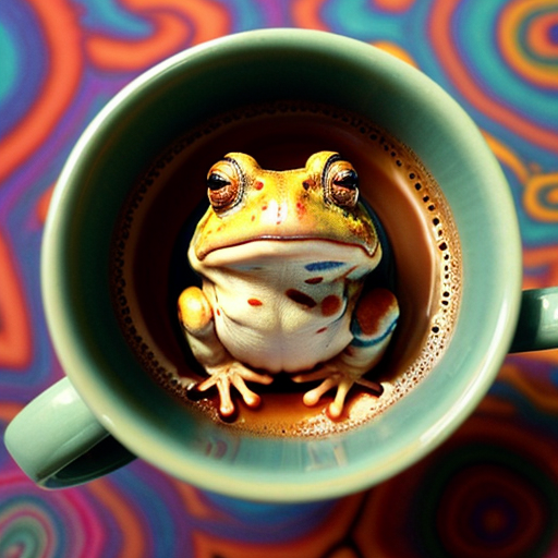 A hillarious, funny boho toad with some hippie colored coffee cups. Psychedelic decorated background, hyperrealistic. Close-up view.