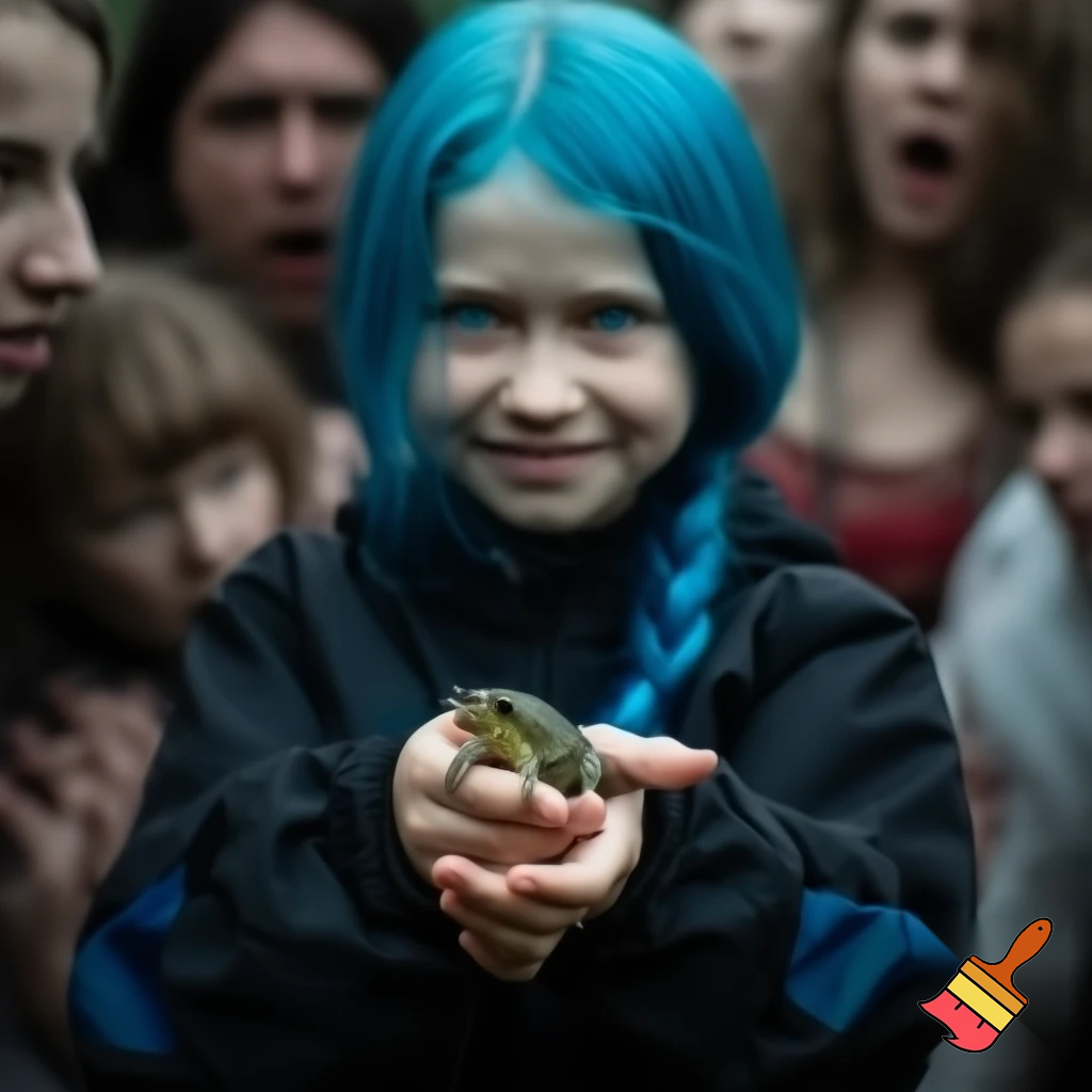 girl with blue braid and has a black jacket with blue eyes
with smile holding a frog all the people was scared of a frog the girl got bulliyed with boys and girls