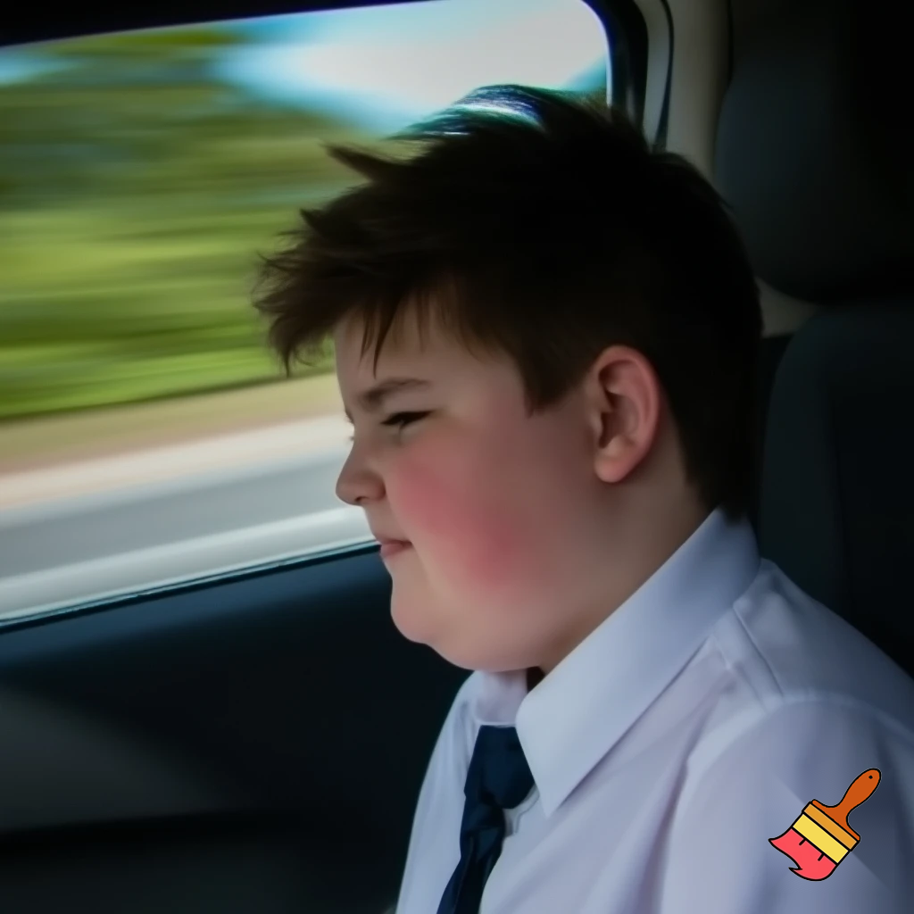 A kid that is 13 years old with brown hair in school uniform in the car and he is chubby