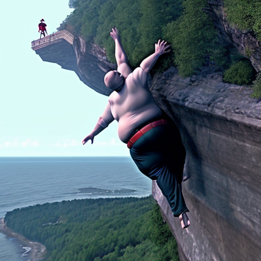 morbidly obese man falling off cliff dramatic 