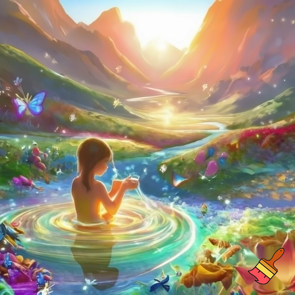 Маленькая девочка сидит возле волшебного ручья, повернувшись спиной вполоборота, набирает воду в ладошки, ручей уходит вдаль до горизонта , горная долина , Всё блестит и сверкает от солнечного цвета, Вокруг красивые цветы, животные , птицы , стрекозы и бабочки