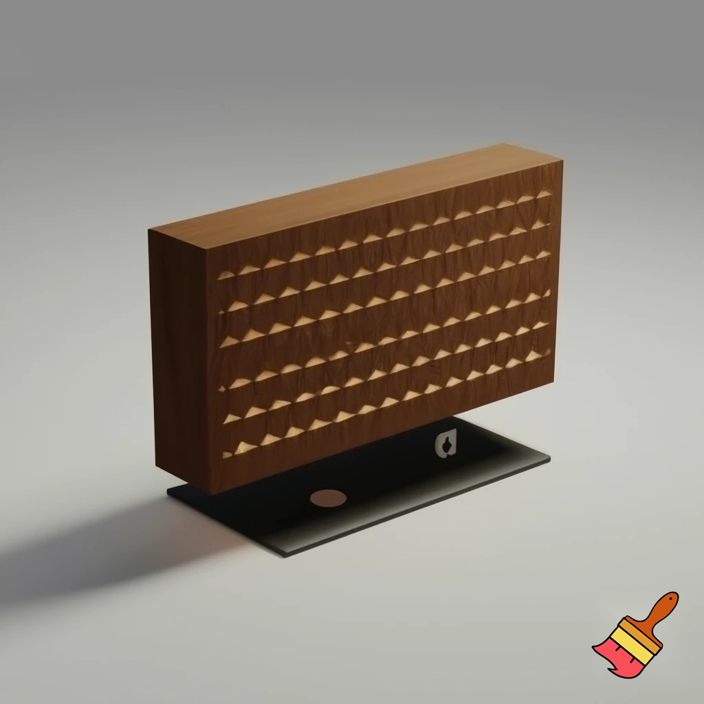 can you generate a light that is a long wooden cuboid and has indentations in it going diamond line diamond line and at the bottom is a base that has a charging socket, a colourchanging button and a on