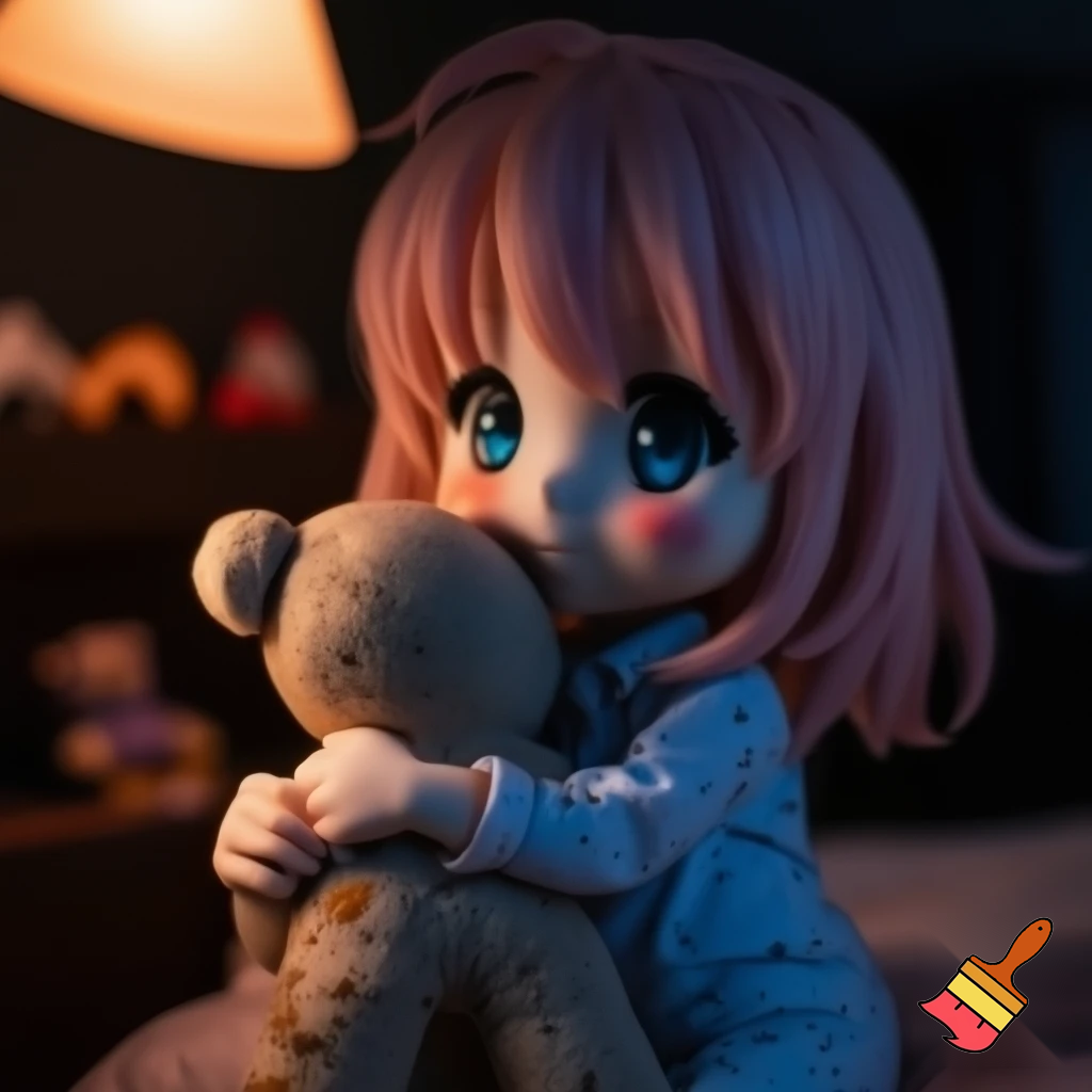 Anime girl hugging a teddy bear