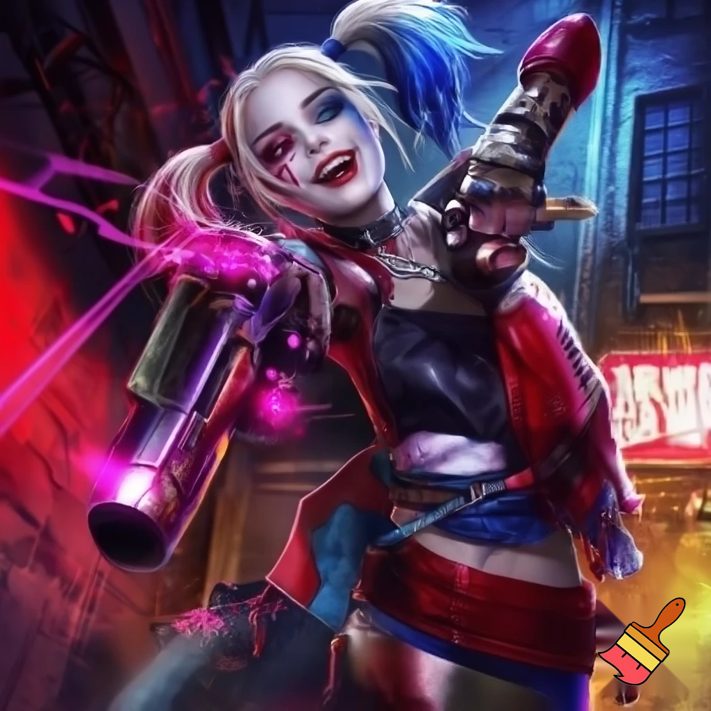 Harley Quinn using a pistol 