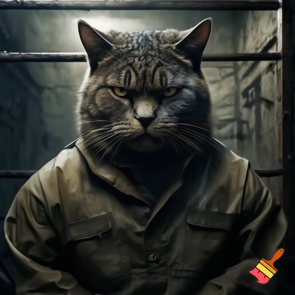 evil sinister scary strong cat in a police mugshot staring dim lights jail suit