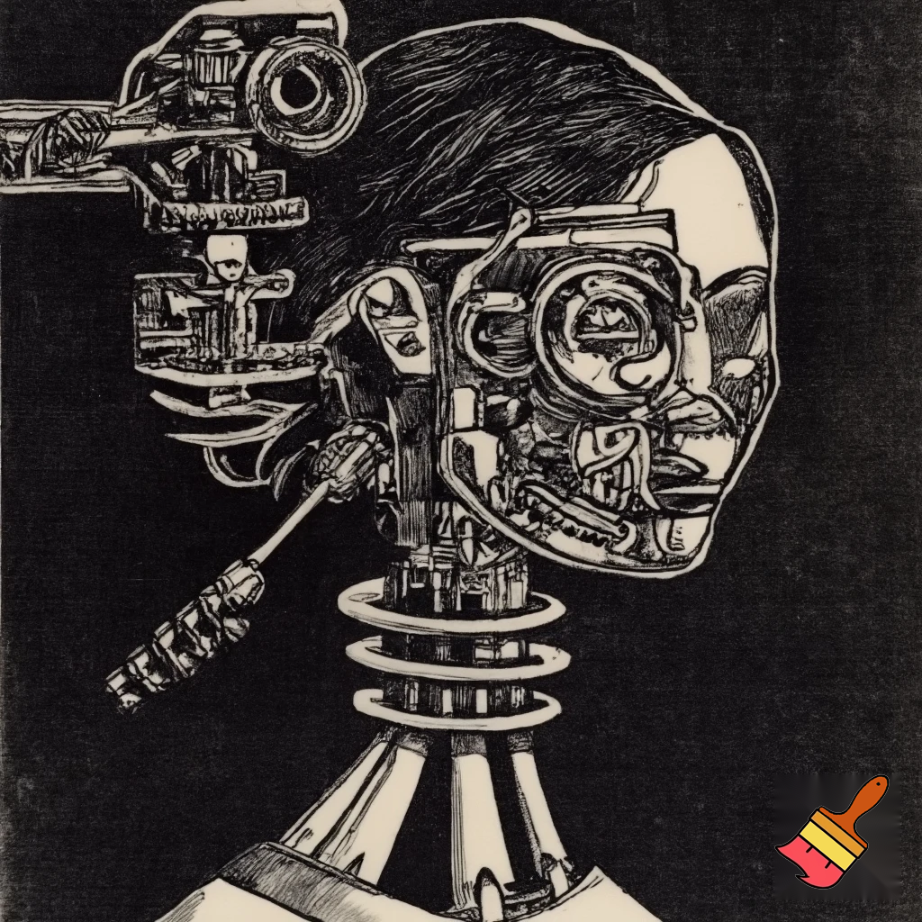 Bio-mechanical girl portrait, noise art. In the style of a 1920's German Expressionist woodcut print. Black & white.