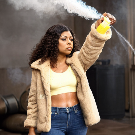 Taraji P. Henson as an FBI one beige fur jacket and yellow beige tank top red and yellow dots and blue jeans with long curly thick hair 20th Century Fox spray sprinkling water TNT stone smoker *punch*
