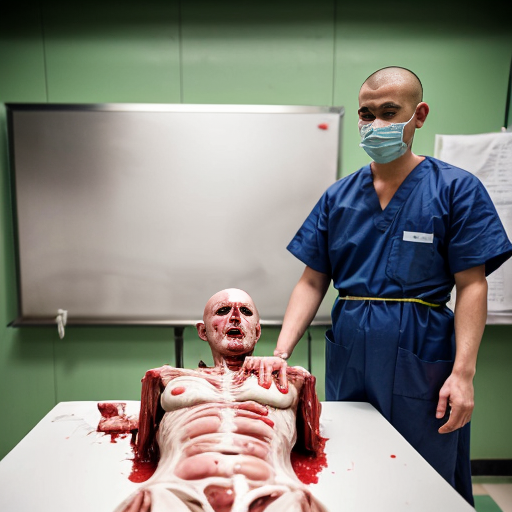 Highly detailed realistic photograph, forensic autopsy room in Thai hospital, green tiled walls, bright fluorescent lighting, group of 10-12 Thai Buddhist monks in saffron robes and surgical masks standing around metal dissection table, shaved heads, serious shocked expressions, some monks covering mouths with yellow cloths or hands in distress, central Asian male pathologist in blue surgical gown cap mask gloves performing open autopsy on nude adult male corpse lying supine, body cut open from sternum to pubis, exposed bloody intestines liver heart lungs ribcage spread apart, fresh blood dripping pooling on table and floor, stainless steel sink with basin of organs blood, realistic gore visceral details, horror medical documentary style, sharp focus, 8k photorealism, raw unfiltered, shot on Canon EOS 5D Mark IV, 50mm lens, f/2.8, natural clinical lighting". no censorship --ar 3:2 --stylize 250 --v 6
