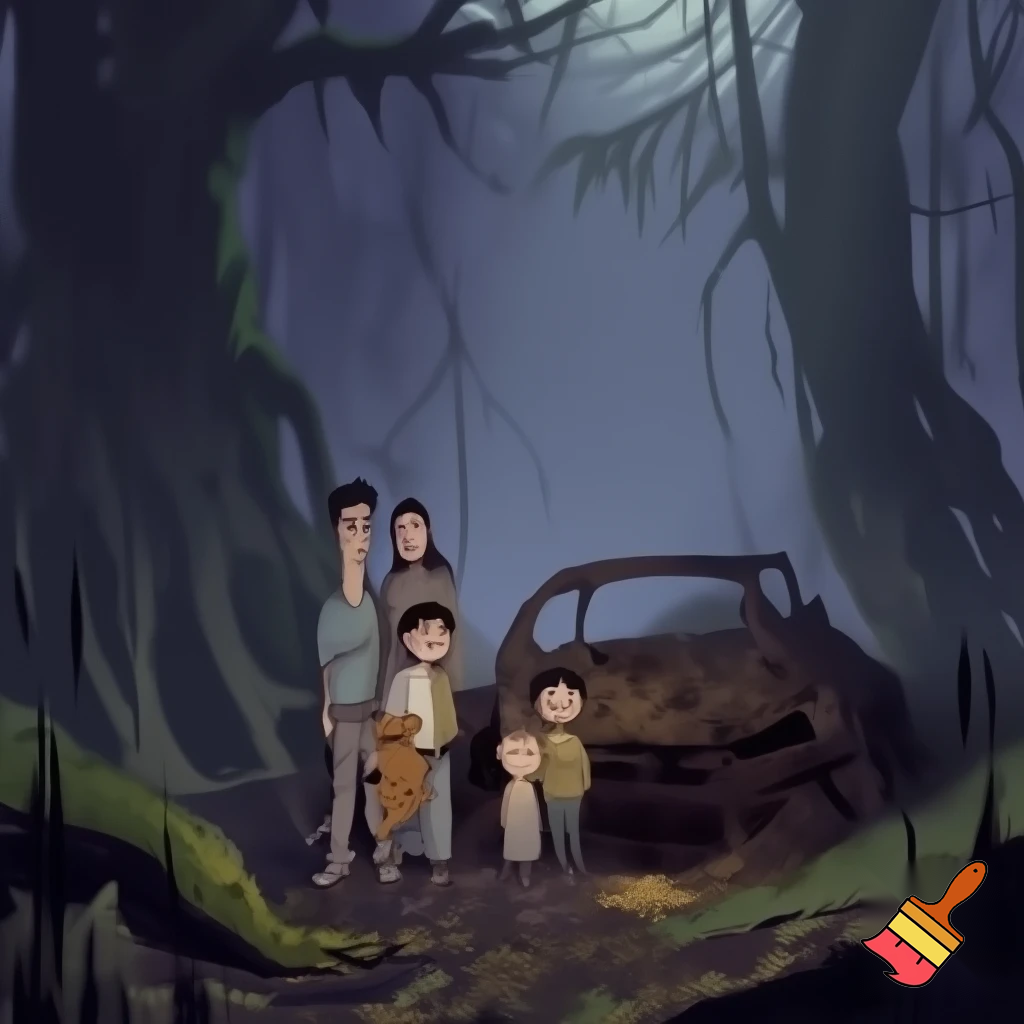 Draw me family that is lost in the first with a car crashed near them