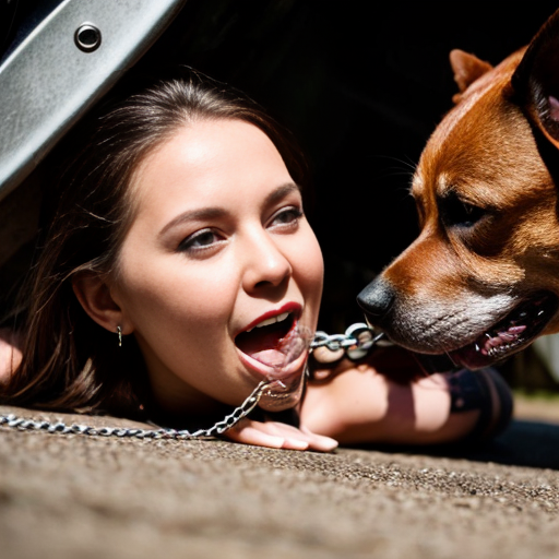 Woman chained to the ground being licked by a 10 metre high dog
