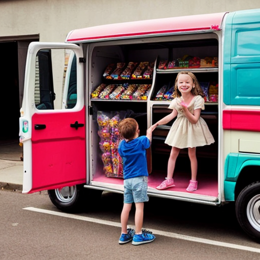 a free candy van with little kids hanging outside of it 