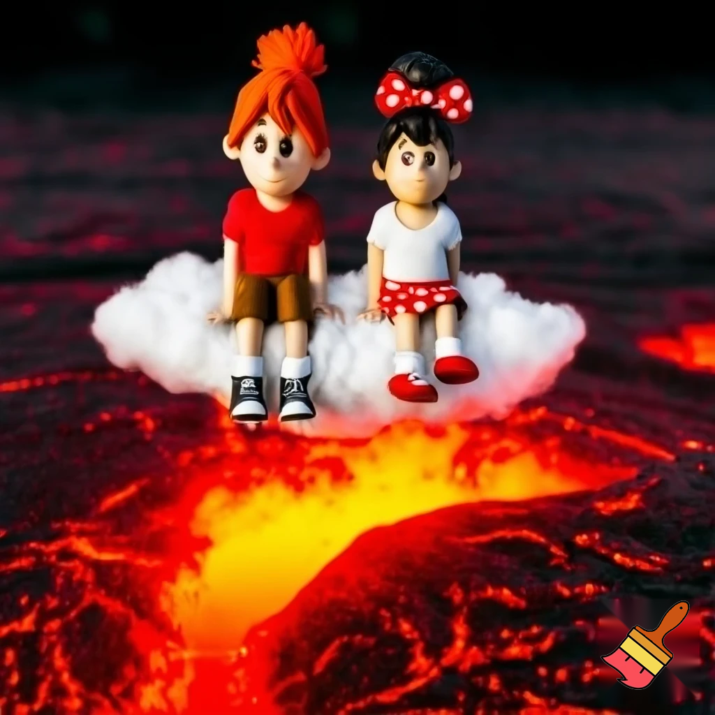 Little Dipper Pines hair red t-shirt brown short pants white socks black and white sneakers and Little Tiana red white dot bow in hair white t-shirt red white dot mini skirt white socks red shoes (the princess and the frog) on a sitting Cloud on a lava "Lava"