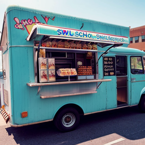 Geöffneter Foodtruck der Süßigkeiten verkauft vor einer Schule mit Kindern und großer Aufschrift AvW SchulShop 