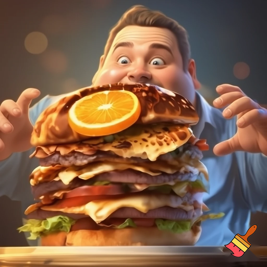 a fat man trying to get a huge burger with a hidden slice of a orange