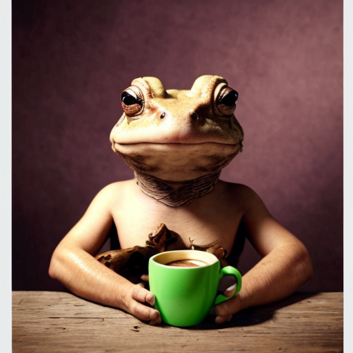 A hillarious, funny boho toad with some hippie colored coffee cups. Psychedelic decorated background.