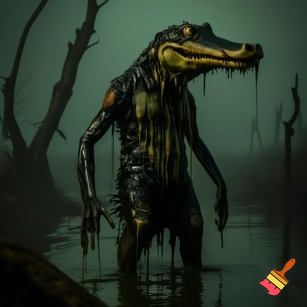 A grotesque, rotting, anthromorphic crocodile creature standing upright, its body covered entirely in black goo, melting, and dripping like sludge, exposing its bones. The skin is swampy green, black, and sickly brown, with patches of rot and ooze and entirely made out of gunk. Eyes bulging in horror, jaw hanging loosely, teeth crooked and partially dissolved and has a deformed smile. The creature’s limbs stretch out as goo drips from its claws exposing its skeletal fingers. It's appearance, also zombie-like and deformed. Surround it with an eerie, fog-filled swamp: twisted dead trees, murky water, dim green-gray light, and a haunting atmosphere. Highly detailed, creepy, and surreal. 