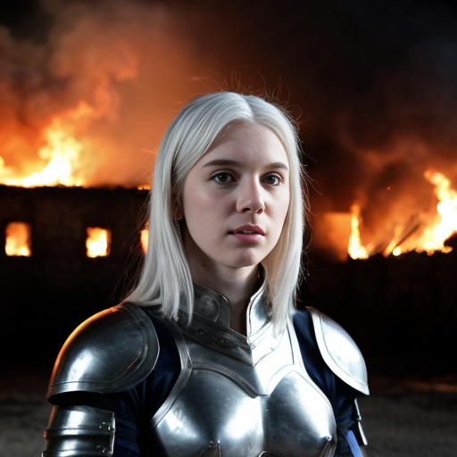 young white-haired woman in armor stands in front of a burning castle into which me