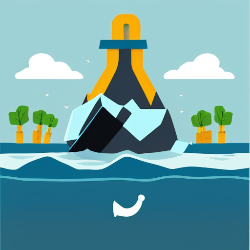 Generate an illustration of iceberg style illustration showing a borrower holding an asset above water while below the surface a large anchor labeled security interest from a bank is attached, symbolic business illustration,