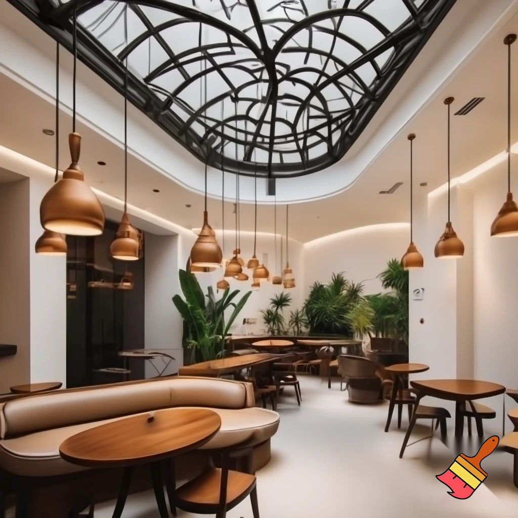 Create a modern coffee shop with lighting dangling down from the ceiling in with bronze brass colour, a curve seating area, oak brown tables, structural engineered shape glass celling with white panelling, white walls, and lighting, with plants