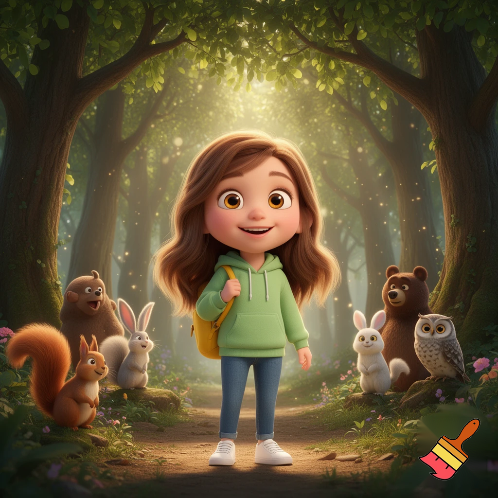 A sweet 7-year-old girl, fair skin, big expressive hazel eyes, long chestnut brown hair slightly wavy, small round nose, soft rosy cheeks, gentle smile. She wears a light green hoodie, blue jeans, white sneakers, and a small yellow backpack. Pixar-style 3D character, soft lighting, rounded shapes, child-friendly proportions, high-quality 3D illustration.
Standing at the entrance of a magical forest, tall trees, soft sunlight filtering through leaves, friendly forest animals around her (squirrel, rabbit, bear, owl), joyful and welcoming atmosphere, children’s book cover, square format, 1:1 aspect ratio, centered composition
