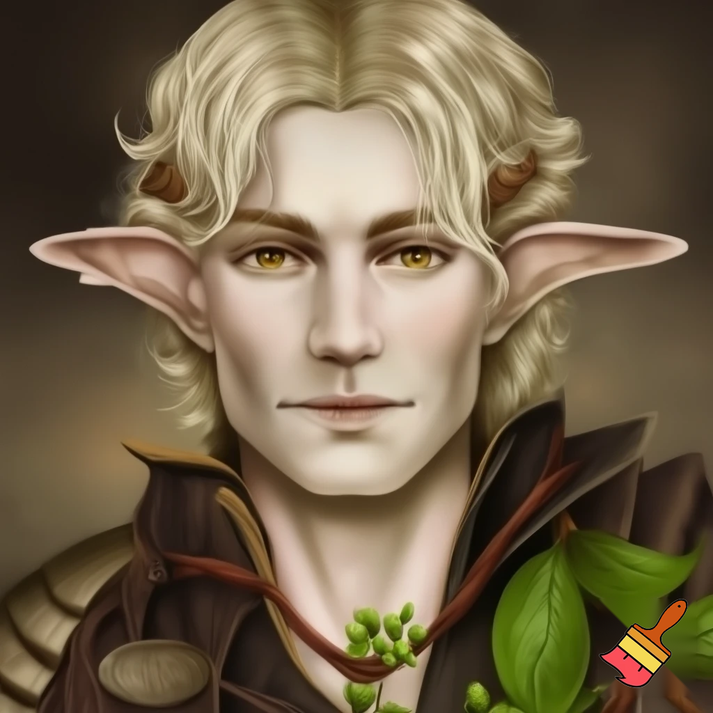 younger male wood elf sage circle of the stars druid pale skin blond hair hazel eyes leather armor with a sprig of mistletoe as a necklace