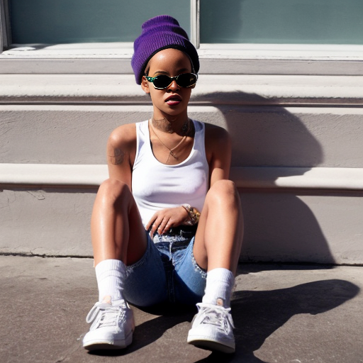 Rihanna orange tanktop belt blue short jeans purple socks orange and white sneakers on a sitting Cloud 