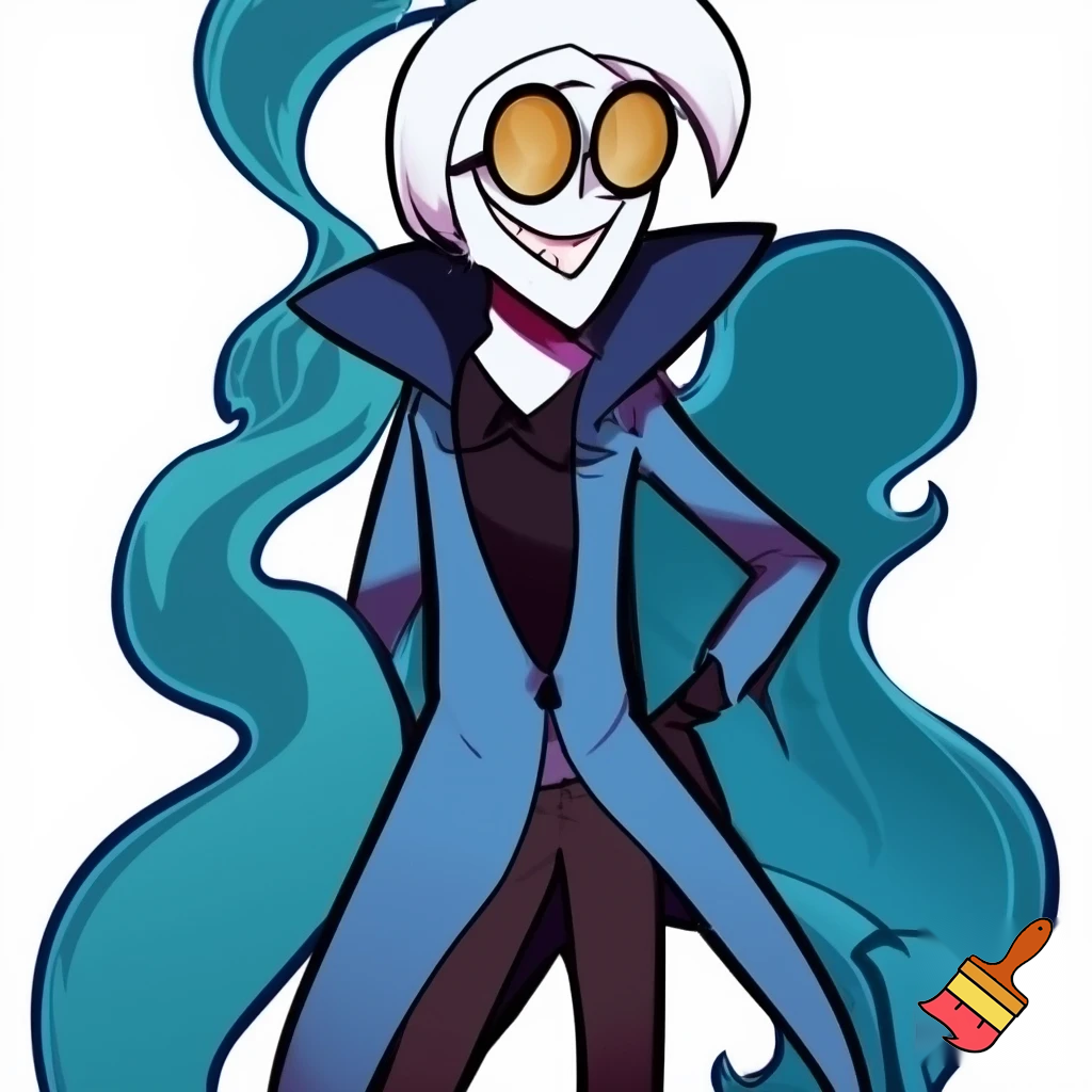 A tall, lean pale man with white hair, distinctive round brass glasses In cartoonish art style of hazbin hotel wearing his signature blue overcoat and smoke curling around him