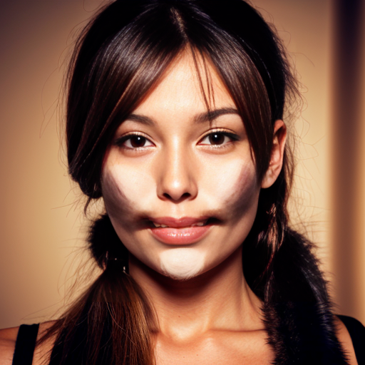 CREATE ME AN IMAGE OF A BEAUTIFUL WOMAN WITH HAIR IN A PONYTAIL AND A SLIGHT FUR ON THE UPPER LIP ON THEIR FACE