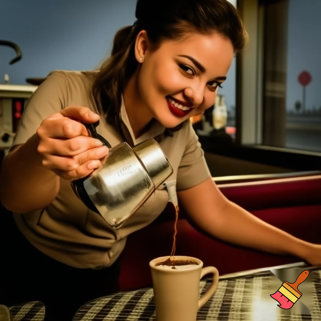 A small roadside diner. A beautiful waitress leans over to pour coffee into a customer's cup at a table. The waitress smiles. Photorealistic. 9x16