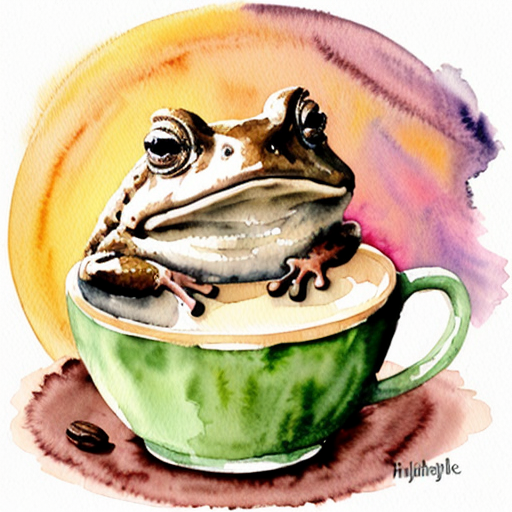 A hillarious, funny boho toad with some hippie colored coffee cups. Psychedelic decorated background. Hard Style.