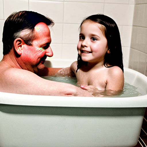 Crea la imagen real de una niña de 8 años con su padre en la tina de baño desnudos